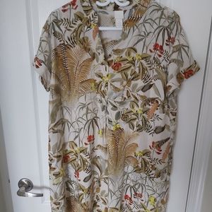 Tropical flower printed shirt dress